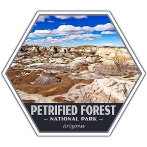May include: A sticker featuring a landscape of the Petrified Forest National Park in Arizona. The image shows a colorful desert landscape under a blue sky with white clouds. The sticker has a dark gray banner with the park name.