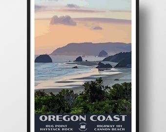 May include: A vintage-style travel poster featuring a scenic view of the Oregon Coast. The poster features a sunset over the ocean with rocky cliffs and a sandy beach. The text on the poster reads "Oregon Coast" and includes the locations "Hug Point Haystack Rock" and "Highway 101 Cannon Beach".