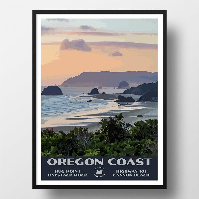 Oregon Coast Poster | Vintage WPA Style Travel Poster | 8" x 10" to 24" x 36" | Made in USA | Free Shipping image 1