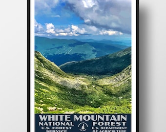 May include: A framed poster featuring a landscape of the White Mountain National Forest with green slopes, rocky terrain, and a blue sky with clouds. The text reads White Mountain National Forest, U.S. Forest Service, U.S. Department of Agriculture.