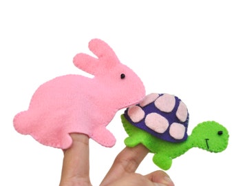 Marionetas de fieltro para dedos: Tortuga y Liebre (juego de 2 piezas) / Canciones infantiles, juego educativo, juguetes para niños pequeños