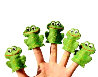 Marionetas de fieltro para dedos - Ranas numeradas (juego de 5 piezas) / Cuentos infantiles, juego educativo, juguetes para niños pequeños