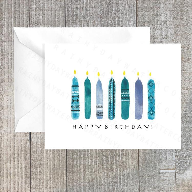 Watercolor candle birthday card Handmade Tribal Print Etsy