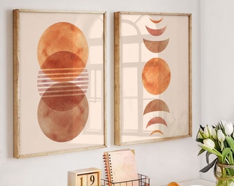 Sun Moon Print, Set of Two Prints, Abstract Sun, Boho Wall Art, Moon Phases Poster, Boho Art Print