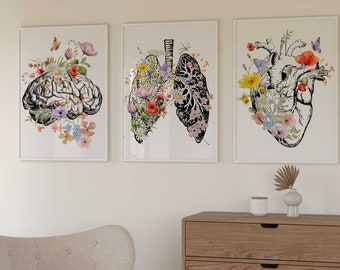 Anatomy Art Set, Brain Heart Lungs wall Art, Medical student gift, Doctor Office Decor, Watercolor Anatomical floral Print