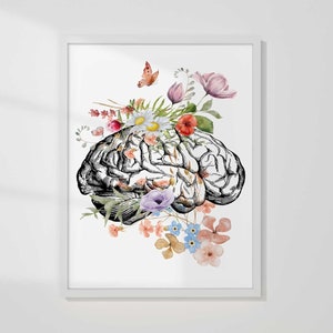 Brain Anatomy Poster, Watercolor Brain Art Flower, Psychology Student Illustration, Neurologist, Psychologist Gift, Mental Health Print