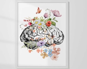 Gehirn Anatomie Poster, Aquarell Gehirn Kunst Blume, Psychologie Studenten Illustration, Psychologin Geschenk, Mental Health Print