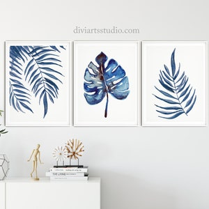 Blue Wall Art, Botanical Print Set of 3, Palm Leaf Print, Monstera Leaf print, Indigo tropical leaf