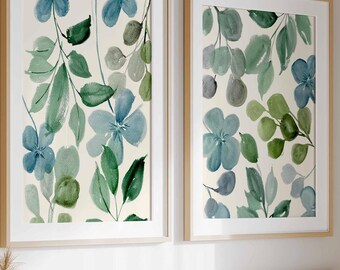 Botanical Print Set of 2, Leaves Floral bathroom Wall art, Botanical Painting