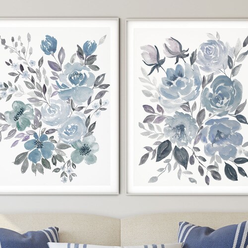 Blue and Grey Abstract Wall Art Set of 2 Modern Minimalist Etsy