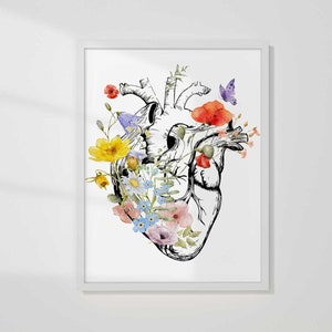 Heart Anatomy Poster, Human Heart Print with flowers, Med student Gift Idea