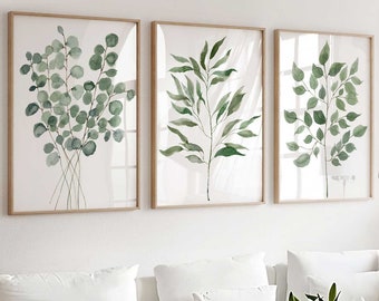 Sage Green Wall Art, Three Piece Triptych, Olive Branch Print, Eucalyptus Prints, Botanical Wall Decor, Watercolor Leaves Living room decor