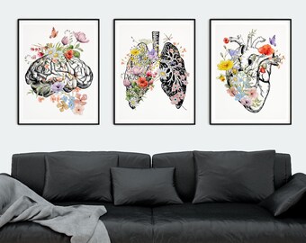 Human Anatomy Poster Set, Brain Heart Lungs wall Art, Medical student gift, Doctor Office Wall Decor, Anatomical floral print set,