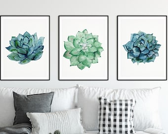 Succulent Printable Wall Art, Green Prints Set, Set of 3 Wall Art, Succulent Poster, Watercolor Succulent Art Print, Succulent painting