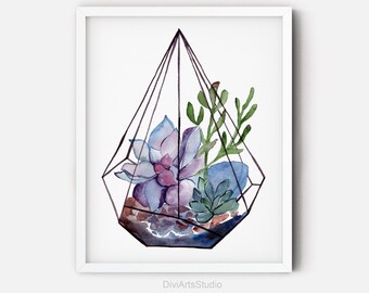 Aquarell Sukkulenten Terrarium Print: Botanische Wandkunst (Digitaler Download)