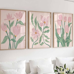 Décoration murale de salon, fleurs abstraites roses et vertes, lot de 3 impressions minimalistes et modernes, affiches de chambre à coucher, oeuvres d'art pour salle de bain, chambre de bébé