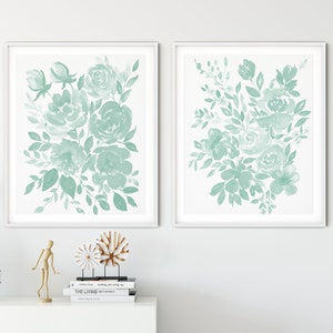 Teal Flower Wall Art, Set of 2 Prints, Bedroom Print, Bathroom Art, Turquoise Floral Print, Abstract Flowers Painting