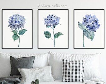 Juego de impresión de arte de hortensia, juego de impresión de flores botánicas azules de 3, pintura de hortensias, impresión de hortensia, arte de pared botánico azul