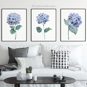 Hydrangea Art Print Set, Blue Botanical flowers print set of 3, Hydrangea painting, Hydrangea Print, Blue Botanical Wall Art
