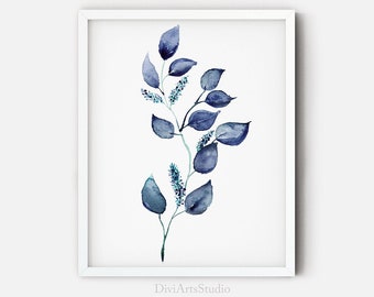EUCALYPTUS PRINT, Navy Blue Wall Art, Eucalyptus Wall Print, Indigo blue wall art, Printable art Watercolor, Blue Eucalyptus Download