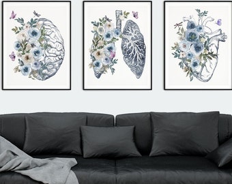 Human Anatomy Art Set of 3 Watercolor Heart Brain Skeleton Prints Brain ...