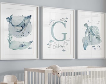 Under The Sea Watercolor, Ocean Nursery Prints, Sea Animals Personalized Boy Name Print, Whale Turtle Fish Baby Room Decor Custom Name