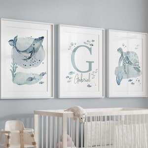 Aquarela sob o mar, estampas de berçário de oceano, animais marinhos, impressão personalizada de nome de menino, baleia, tartaruga, peixe, decoração de quarto de bebê, nome personalizado