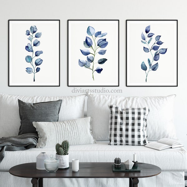 Set of 3 BLUE EUCALYPTUS PRINT, Botanical Print set, Navy Blue Wall Art, Eucalyptus Printable art, Set of prints, Indigo Blue Prints