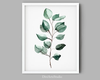 Eucalyptus Art Print, Eucalyptus Watercolor Print, Green Eucalyptus Wall Art, Tropical Leaf Print, leaf wall art