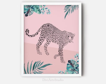 Jungle Cat Print, Leopard Art Print, Cheetah Art, Safari nursery decor,  Botanical Illustration, Blush pink wall art, Tropical Art