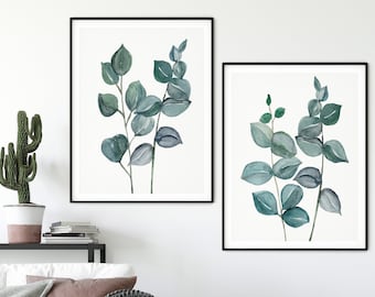 Green leaf Wall Art, Eucalyptus Print Set, Botanical Set of 2 prints, Eucalyptus Art Print, Botanical Leaf Art, Minimalist wall decor