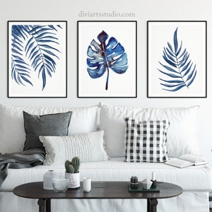Blue wall art, Set of 3 Prints Botanical, Tropical palm leaf print, Botanical Print Set of 3, Navy Blue Prints, Blue decor, 3 piece wall art