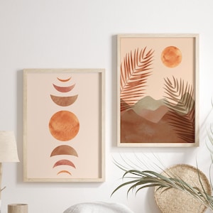 Moon Phases Print, Mid century abstract art, Set of 2 Prints, Sun desert wall art, Modern Terracotta print