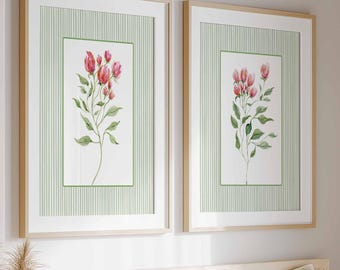Floral Set of 2 Prints, Wildflowers Wall Art, Green Bedroom Decor, Grandmillenial Posters, Botanical Print set, Sage green pink art