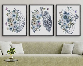 Medical student gift, Anatomy Art Set of 3 Floral, Doctor Office Decor, Watercolor Human Heart, Lungs, Brain medical student gift