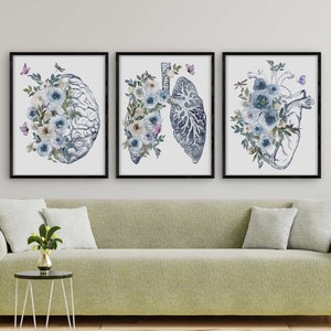 Medical student gift, Anatomy Art Set of 3 Floral, Doctor Office Decor, Watercolor Human Heart, Lungs, Brain medical student gift