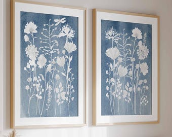 Set of 2 Blue Botanical Prints, Watercolor Wildflower Wall Art, Indigo Blue Nursery Decor, White Floral Silhouette Posters, Navy Coastal Art