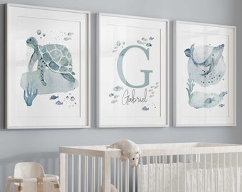 Ocean Nursery Wall Art, Sea Nursery Prints, Whale Sea Turtle, Nautical Nursery, Personalized Under the Sea Prints, Custom Baby Boy Name