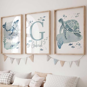 Impressões de berçário do oceano, arte de parede de berçário de menino com tema marinho, impressão de nome personalizado de animais marinhos, decoração de quarto de bebê de peixe-tartaruga-baleia com nome personalizado