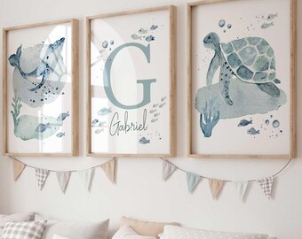 Ocean Nursery Prints, Sea Theme Boy Nursery Wall Art, Sea Animals Personalized Name Print, Whale Turtle Fish Baby Room Decor Custom Name