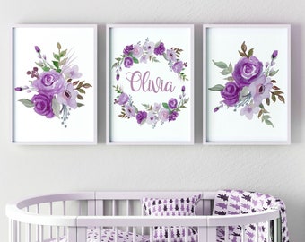 Decorazione per vivaio lilla, Vivaio di fiori viola, Ragazza da parete accento, Stampe floreali Nursery, Stampa personalizzata del nome del bambino, Arte murale del vivaio personalizzata