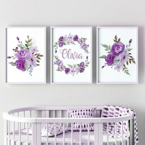 Lilac Nursery Decor, Purple Flower Nursery, Accent Wall Girl, Floral Prints Nursery, Personalized Baby Name Print, Custom Nursery Wall Art