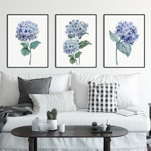 Impression d'hortensias, lot de 3 fleurs, aquarelle botanique bleue, art mural peinture hortensia, impression d'art botanique floral, décoration de salon