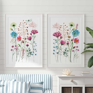 Wildflower prints for wall art, Living room floral decor, Watercolor flowers prints, Set of 2 art prints, pink blue floral wall art