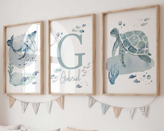 Ocean Nursery Prints, Sea Theme Boy Nursery Wall Art, Sea Animals Personalized Name Print, Whale Turtle Fish Baby Room Decor Custom Name