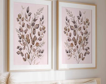 Leaf Print Wall Art, Set of 2 Botanical Prints, Modern Abstract Leaf Poster, Pink Brown Bedroom Decor