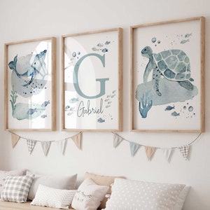 Ozean Kinderzimmer Druck, Meeres Thema Junge Kinderzimmer Wand Kunst, Meerestiere Personalisierte Name Druck, Wal Schildkröte Fisch Baby Zimmer Dekor Benutzerdefinierte Name