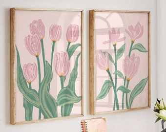 Mid-Century Floral Print, Flower Market Print, Botanical Flowers decor, Green pink beige floral, Set of 2 Prints, Tulip Wall Art