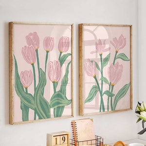 Mid-Century Floral Print, Flower Market Print, Botanical Flowers decor, Green pink beige floral, Set of 2 Prints, Tulip Wall Art