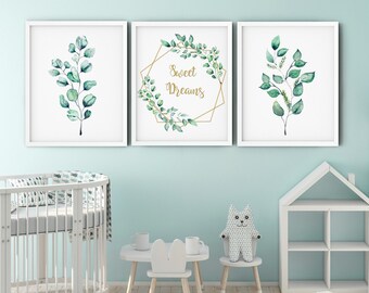Gender Neutral Nursery Prints, Set of 3 Eucalyptus Prints, Nursery Name Sign, Printable Nursery Wall Art